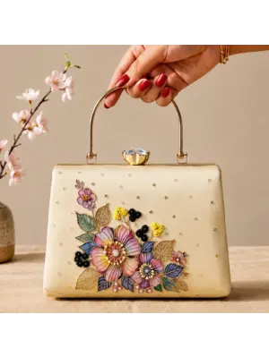 Woman Printed Elegant Floral Pearl Embellished Clutch with Hand Embroidery