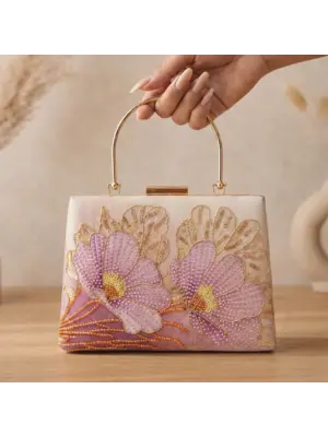 Women Printed Blush Pink Floral Beaded Clutch with Hand Embroidery