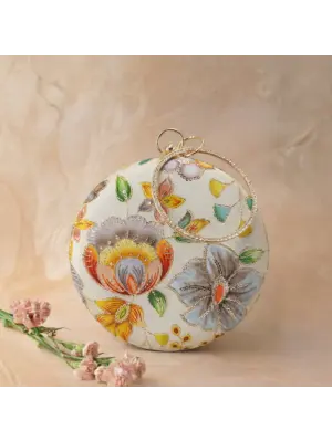 Woman Ivory Floral Round Embroidered Clutch