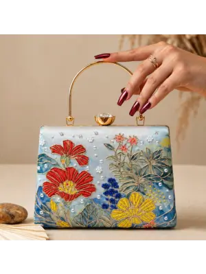 Women Blue Floral Artistic Embroidered Clutch
