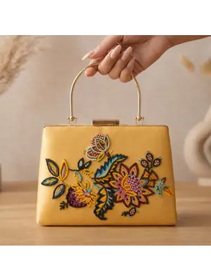 Woman Yellow Multicolor Floral Clutch with Hand Embroidery
