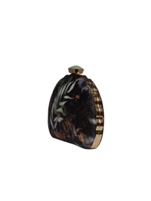 Woman Black Floral Printed D-shape Clutch