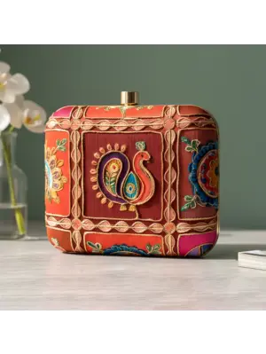 Woman Royal Red Heritage Peacock Embroidered Clutch