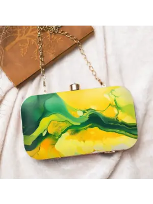 Women Green And Yellow Flow Art Printed Clutch
