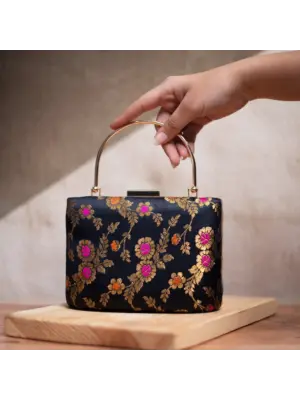 Woman Black Golden Flower Printed Clutch