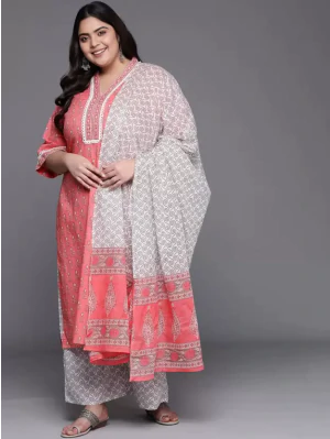 Women Plus Size Pink Printed Cotton Kurta with Palazzos & With Dupatta