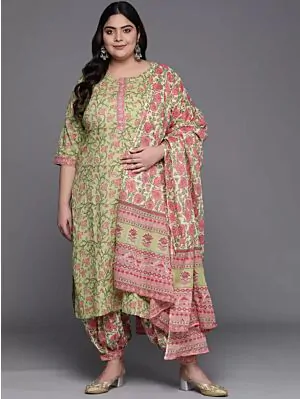 Women Green Floral Printed Pure Cotton Kurta with Salwar & With Dupatta