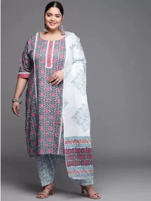Plus Size Women Blue Floral Motifs Printed Pure Cotton Kurta Set