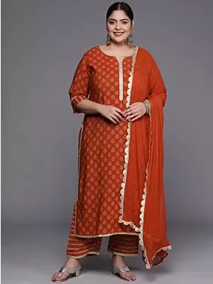 Women Plus Size Printed Gotta Patti Kurta With Palazzos & With Dupatta