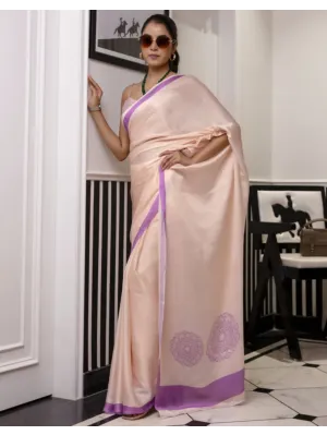 Women Handsfree Cream Satin Printed Saree