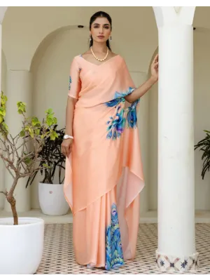 Handsfree Light Peach Satin Printed Saree