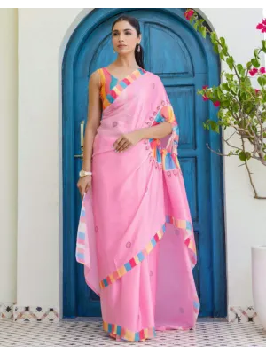 Handsfree Light Pink Satin Printed Sare