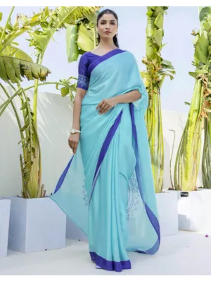 Women Handsfree Light Blue Satin Printed Saree