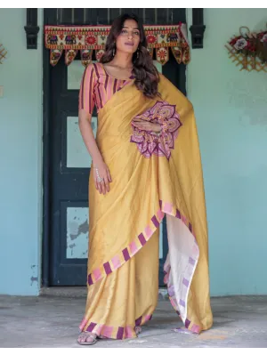 Handsfree Mustard Yellow Satin Printed Saree