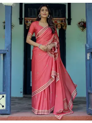 Handsfree Light Red Satin Floral Printed Saree