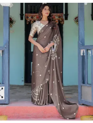 Handsfree Dark Brown Satin Printed Saree