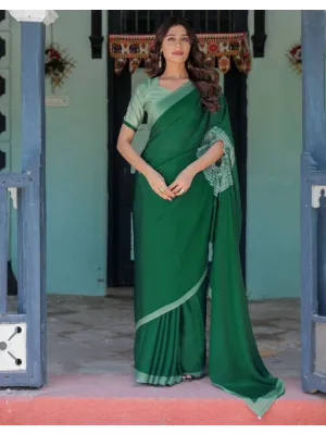Handsfree Dark Green Satin Printed Saree