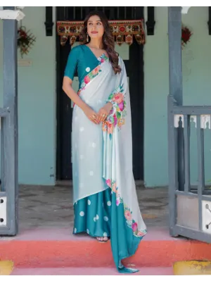 Handsfree Sky Blue Satin Floral Printed Saree