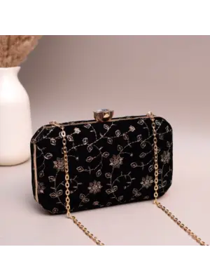 Women Black Based Golden Floral Sequins Embroidery Clutch