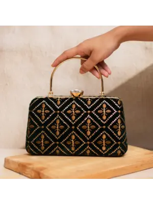 Women Black Embroidered Party Clutch