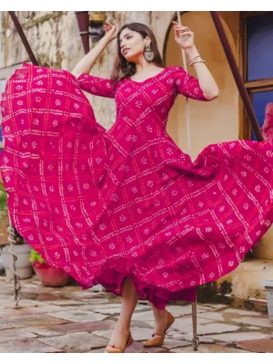 Women Printed Viscose Rayon Pink  Long Anarkali Kurta  