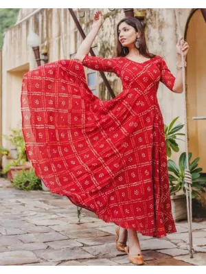 Women Printed Viscose Rayon Red Anarkali Kurta 