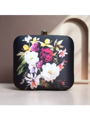 Woman Black Floral Printed Clutch