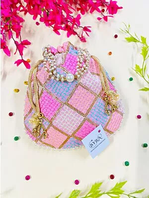 Multicolor Thread Embroidered Baby Pink Potli for Women
