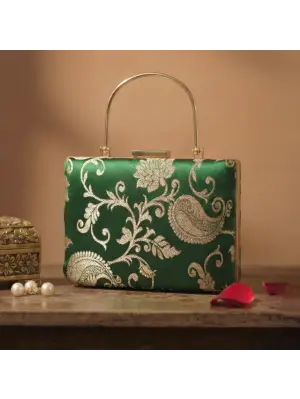 Woman Emerald Green Gold Embroidered Clutch