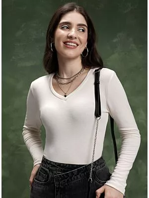 Women Off White V Neck Fitted Top