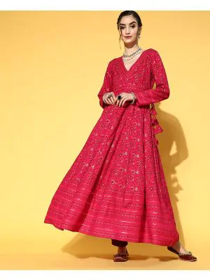 Womens Rayon Gold Print Anarkali Kurta (Pink)