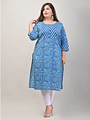 Women Floral Print Plus Size Cotton Straight Kurta (Blue)