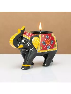Home Decor Handcrafted and Hand-Painted Colorful Wooden Elephant Tea Light Holder