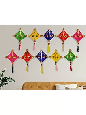 Woolen Handmade Colorful Kite Hanging Decoration for Wall/Door Hanging Home Decor (Pack of 10), Multicolour