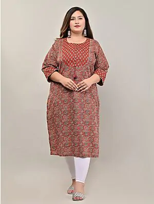 Women Cotton Floral Print Plus Size Straight Kurta (Maroon)