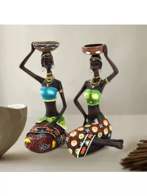 Hand Crafted Home Decor Sitting African Tribal Women with Candle Holder Art Piece