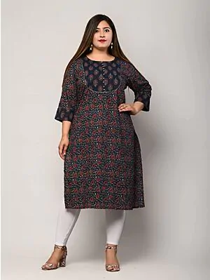 Women Floral Print Pure Cotton Plus Size Straight Kurta (Dark Blue)