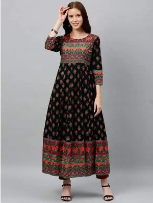 Women's Cotton Buta Print Black Anarkali Kurta