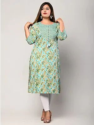 Women Floral Printed Pure Cotton Plus Size Straight Kurta (Green)