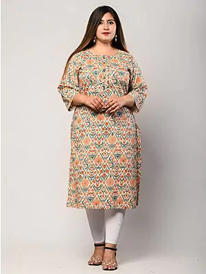 Women Printed Pure Cotton Plus Size Straight Kurta (Beige)