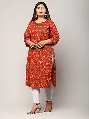 Women Floral Print, Printed Pure Cotton Plus Size Straight Kurta (Dark Red)