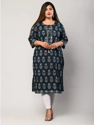 Women Printed Rayon Blue Plus Size Straight Kurta (Blue)