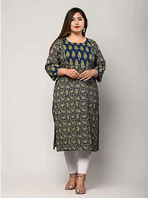 Women Pure Cotton Plus Size Straight Kurta with Floral Print (Blue)