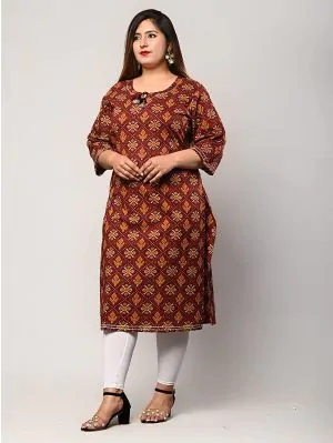 Women Printed Pure Cotton Plus Size Straight Kurta (Brown & Green)