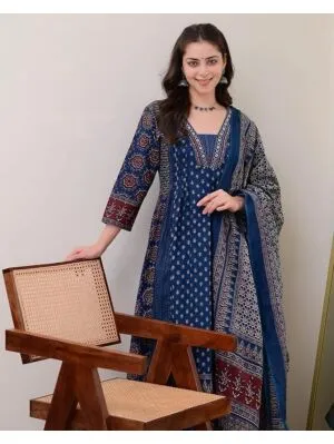 Women's Plus Size Rayon Printed Anarkali Navy Blue Kurta and Pant with Dupatta Set