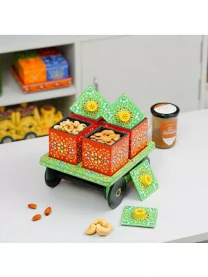 Wooden Hand Painted Rectangular Dry Fruit Storage Trolley Box Showpiece