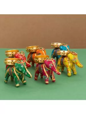 Handcrafted Recycled Material Elephant Tealight Candle Holder Home Decoration Item for Diwali (Pack of 6)