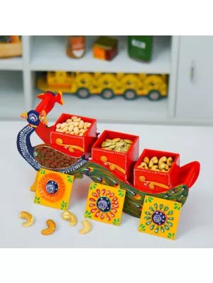 Wooden Decorative Peacock Shape Dry Fruit Box Home Decorative Statue and Showpiece