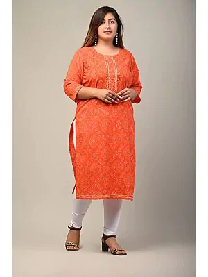 Women Floral Print Cotton Plus Size Straight Kurta (Orange)
