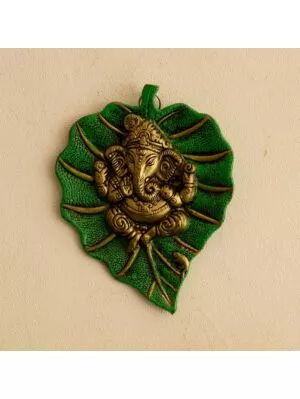 Metal Golden Lord Ganesha on Green Leaf Wall Hanging Sculpture